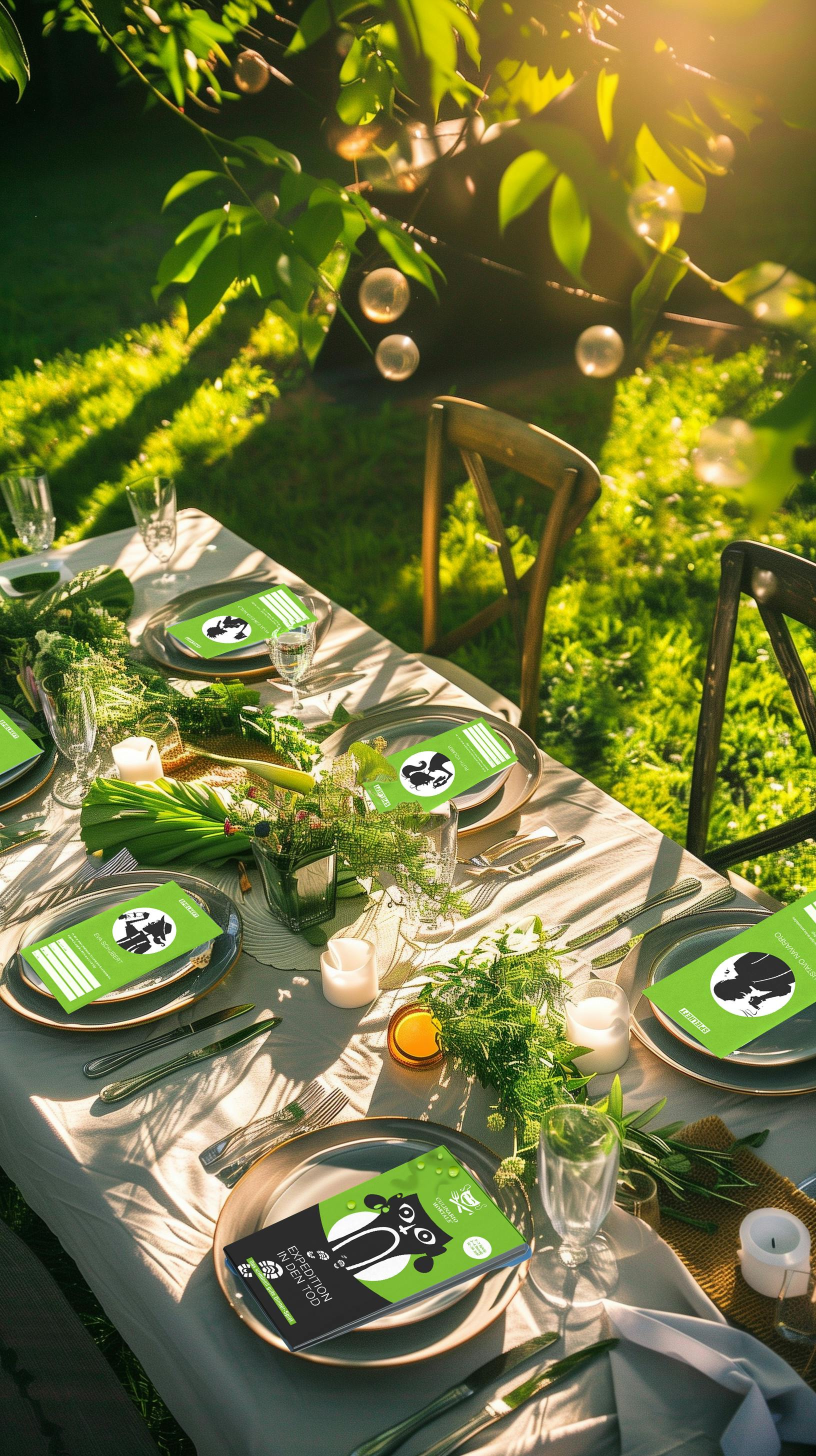 Krimidinner draußen an einem festlich gedeckten Tisch im Garten