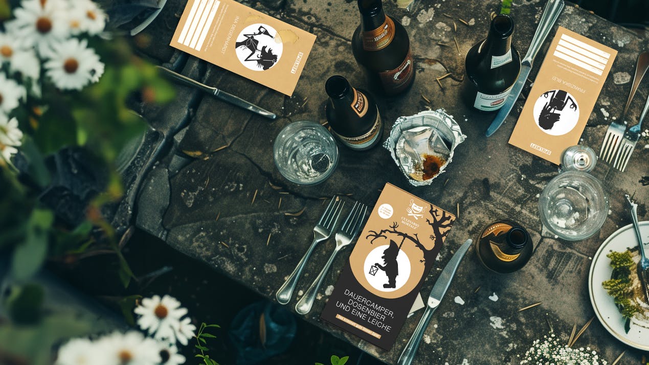 Krimidinner Rollenhefte auf einem gedeckten Tisch im Garten